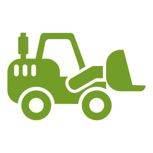 Bobcat & Excavating Green icon of a front loader tractor facing right, with a large scoop in front and a vertical exhaust pipe on top.