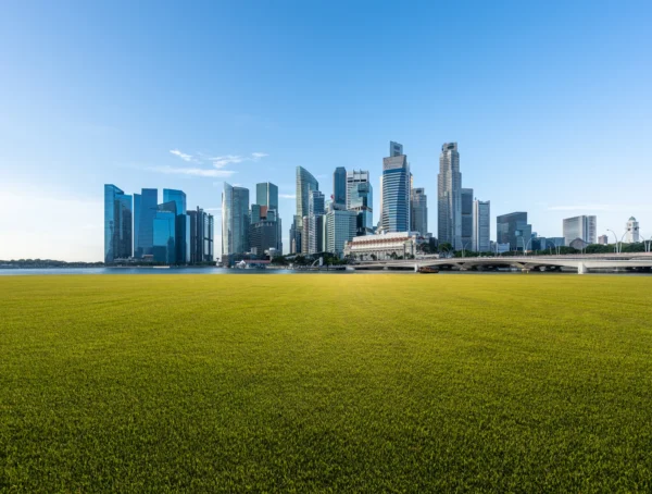 A city skyline featuring modern skyscrapers stands under a clear blue sky, with a wide expanse of grass in the foreground.