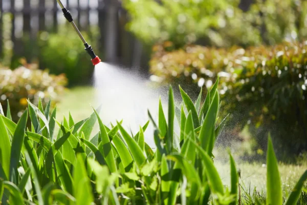 A garden sprayer nozzle spraying liquid onto green plants, with blurred sunlight and bushes in the background.