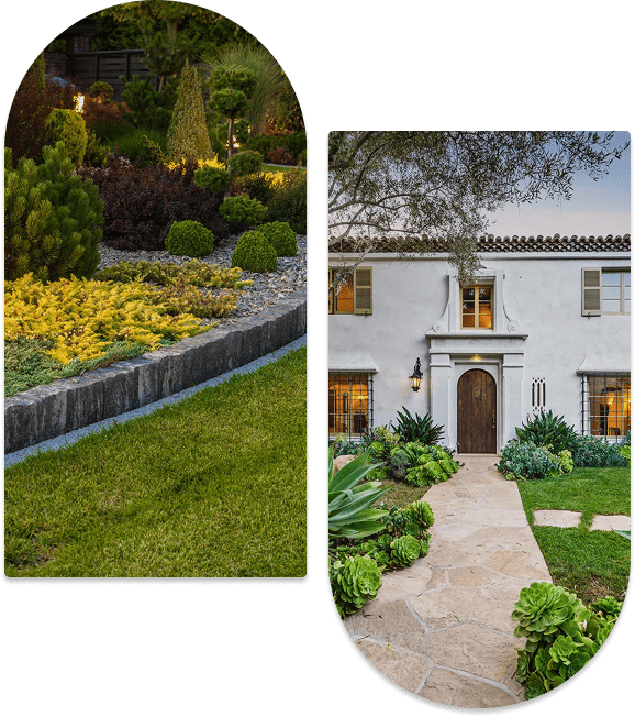 Group 1321317270 (1) Two-part collage: Left shows a landscaped garden with shrubs and grass, bordered by a stone edge. Right displays the facade of a white house with green shutters and a stone walkway.