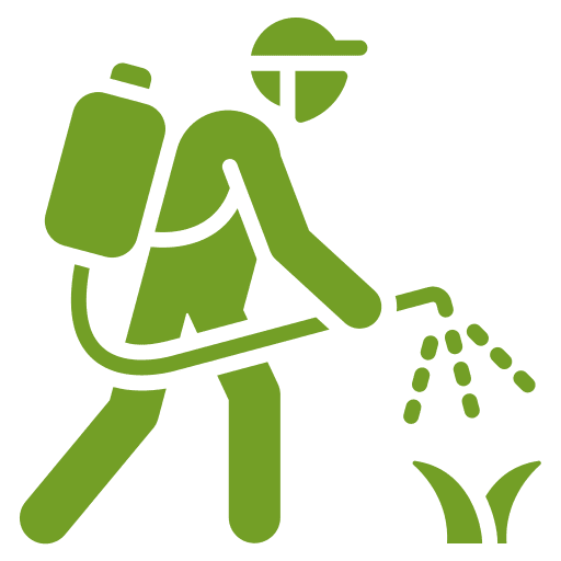 Herbicide Applications Silhouette of a person spraying water or liquid from a hose, wearing a backpack tank and hat, near a small plant.
