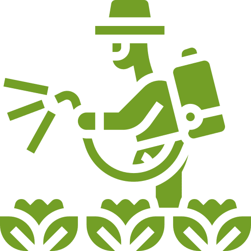 Lawn Fertilization Silhouette of a person in a hat spraying plants with a hose, carrying a backpack sprayer.