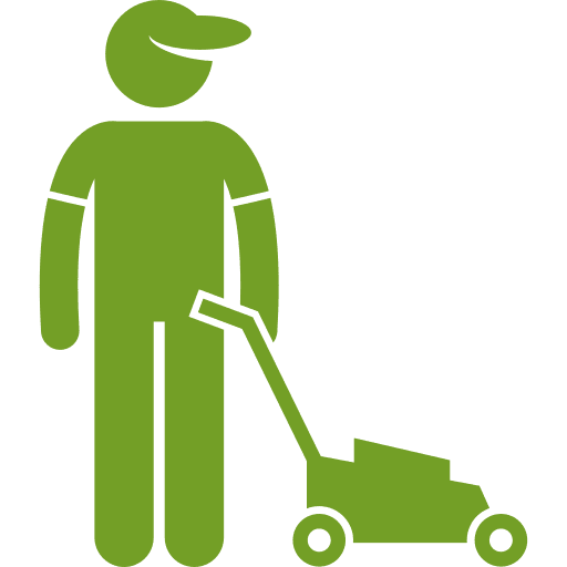 Mowing & Clean-ups Illustration of a person with a cap standing beside a lawn mower.