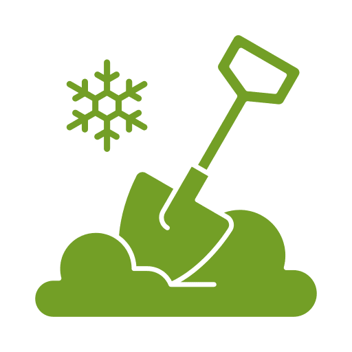 Snow Removal Illustration of a green shovel in snow with a snowflake symbol above, on a green background.