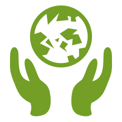 Two green hands holding a fragmented globe symbol on a green background.