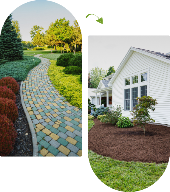 Curved paved garden path with colorful bricks on the left. White house with landscaped yard and mulch on the right.