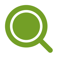 A green magnifying glass icon on a transparent background.