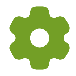 Green gear-shaped icon with six rounded teeth and a circular hole in the center on a transparent background.