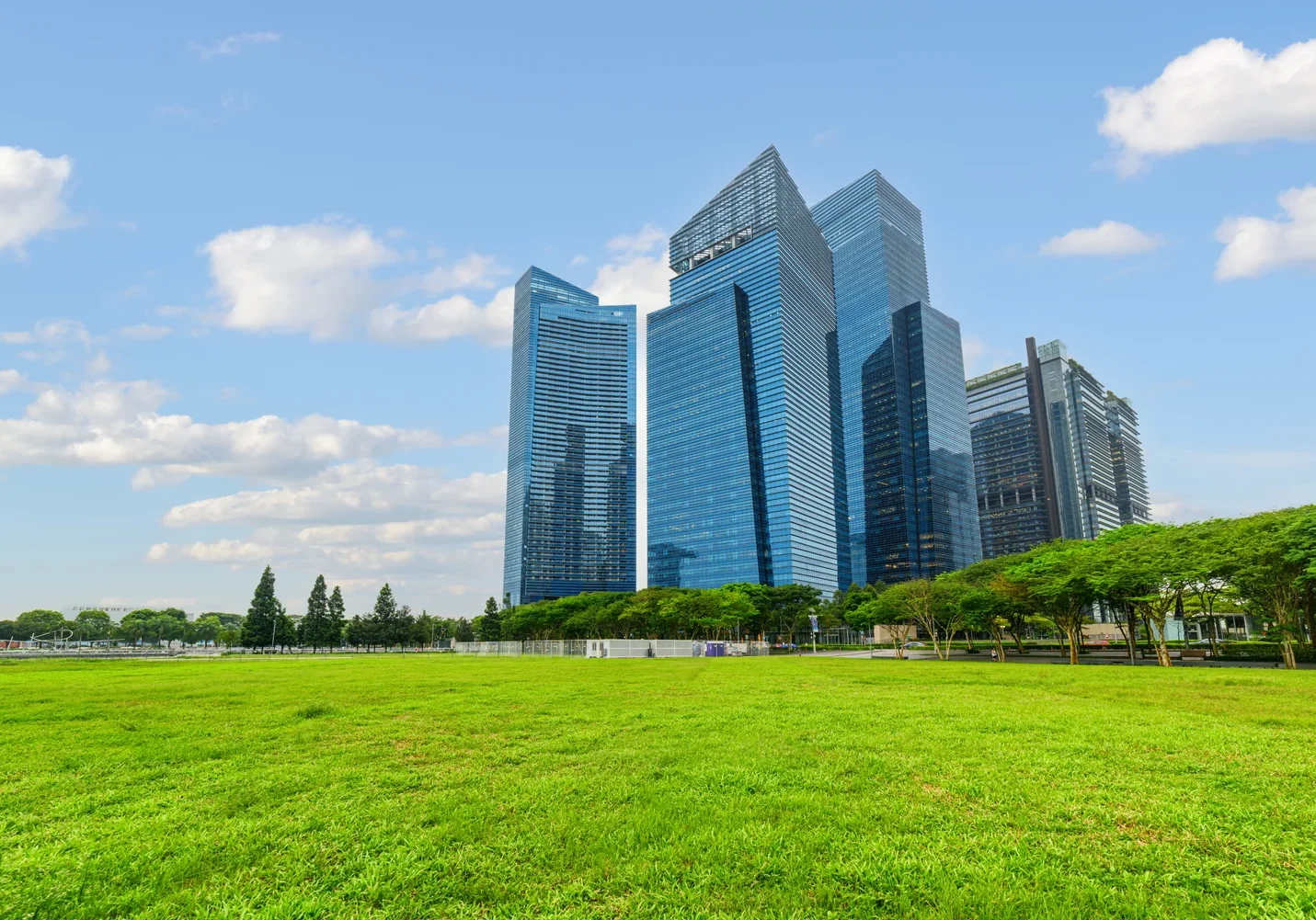 Skyscrapers with reflective glass facades stand against a blue sky, bordered by a green field and trees.